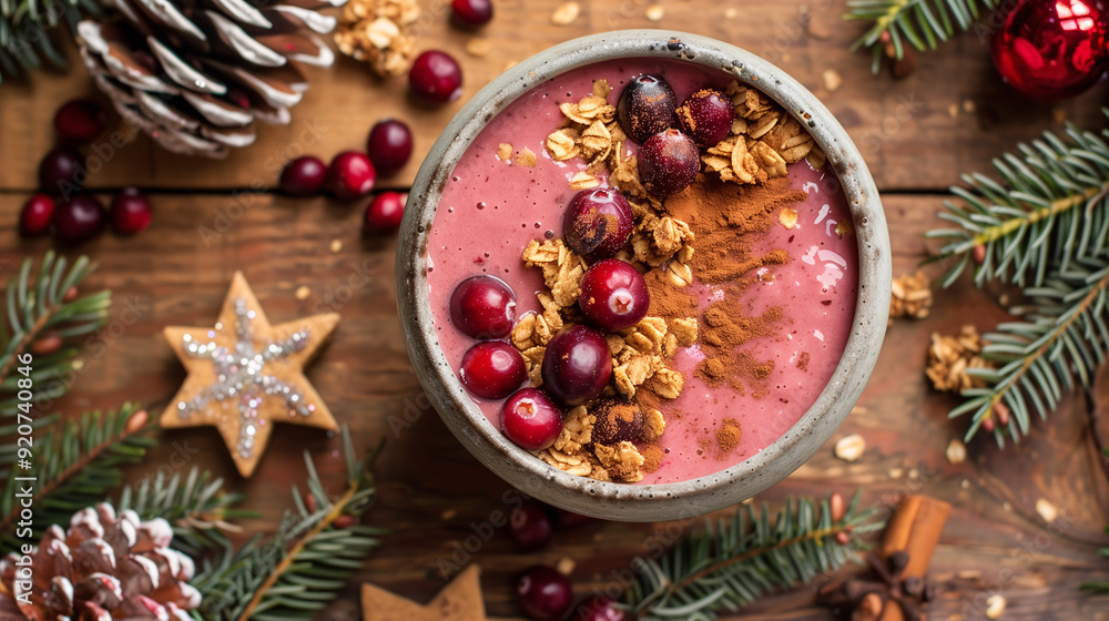 a festive holiday smoothie bowl, made with blended cranberries and apple, topped with granola, dried cranberries, and a sprinkle of cinnamon, set on a wooden table with holiday decorations around a festive holiday smoothie bowl, made with blended cranberries and apple, topped with granola, dried cranberries, and a sprinkle of cinnamon, set on a wooden table with holiday decorations around