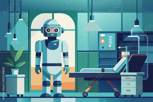 A robot is standing in a hospital room next to a hospital bed