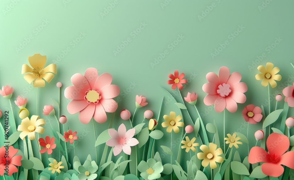 Colorful paper cut spring flowers on a green background with various floral designs Colorful paper cut spring flowers on a green background with various floral designs