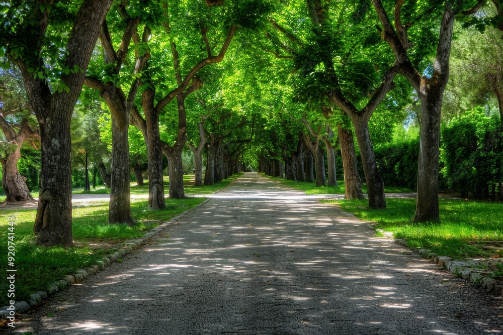 Naklejka premium Tunnel-like lime tree avenue in spring, fresh green foliage. Beautiful simple AI generated image in 4K, unique.