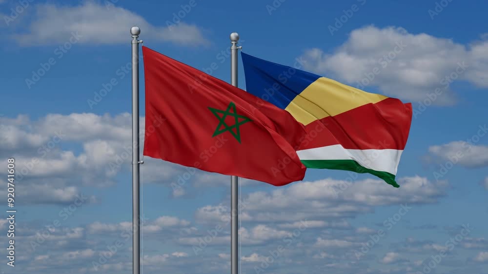 Seychelles and Morocco flags flying together, video concept of the relationship, two country relations concept Seychelles and Morocco flags flying together, video concept of the relationship, two country relations concept