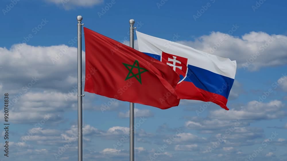 Slovak Republic or Slovakia and Morocco flags flying together, video concept of the relationship, two country cooperation concept Slovak Republic or Slovakia and Morocco flags flying together, video concept of the relationship, two country cooperation concept