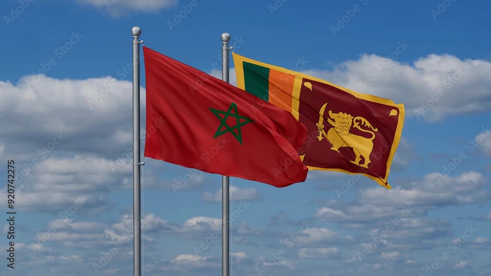 Sri Lanka and Morocco flags flying together, video concept of the relationship, two country cooperation concept Sri Lanka and Morocco flags flying together, video concept of the relationship, two country cooperation concept