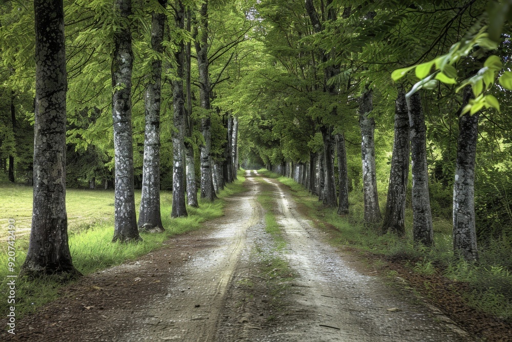 Obraz premium Tunnel-like Avenue of green Trees, Tree Footpath through Park in Spring. Beautiful simple AI generated image in 4K, unique.