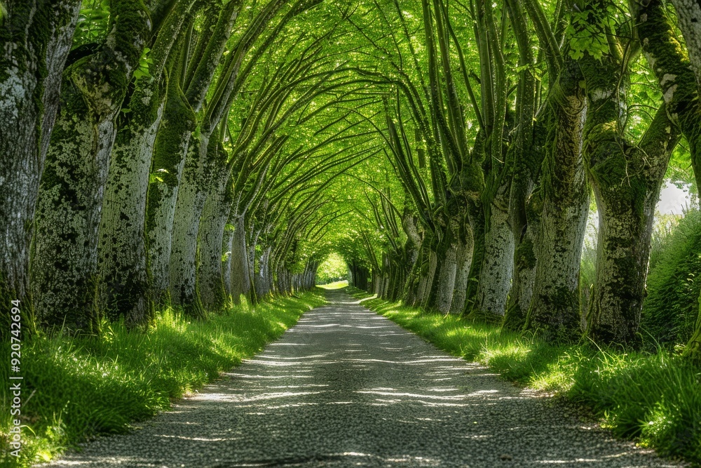 Tunnel-like Avenue of green Trees, Tree Footpath through Park in Spring. Beautiful simple AI generated image in 4K, unique. Tunnel-like Avenue of green Trees, Tree Footpath through Park in Spring. Beautiful simple AI generated image in 4K, unique.
