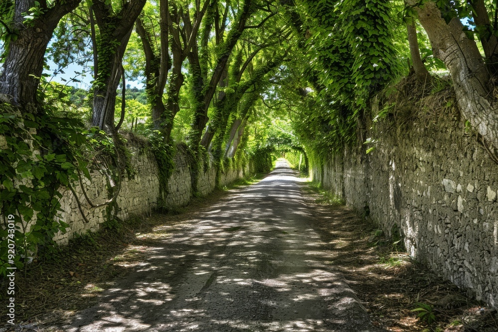 Tunnel-like lime tree avenue in spring, fresh green foliage. Beautiful simple AI generated image in 4K, unique. Tunnel-like lime tree avenue in spring, fresh green foliage. Beautiful simple AI generated image in 4K, unique.