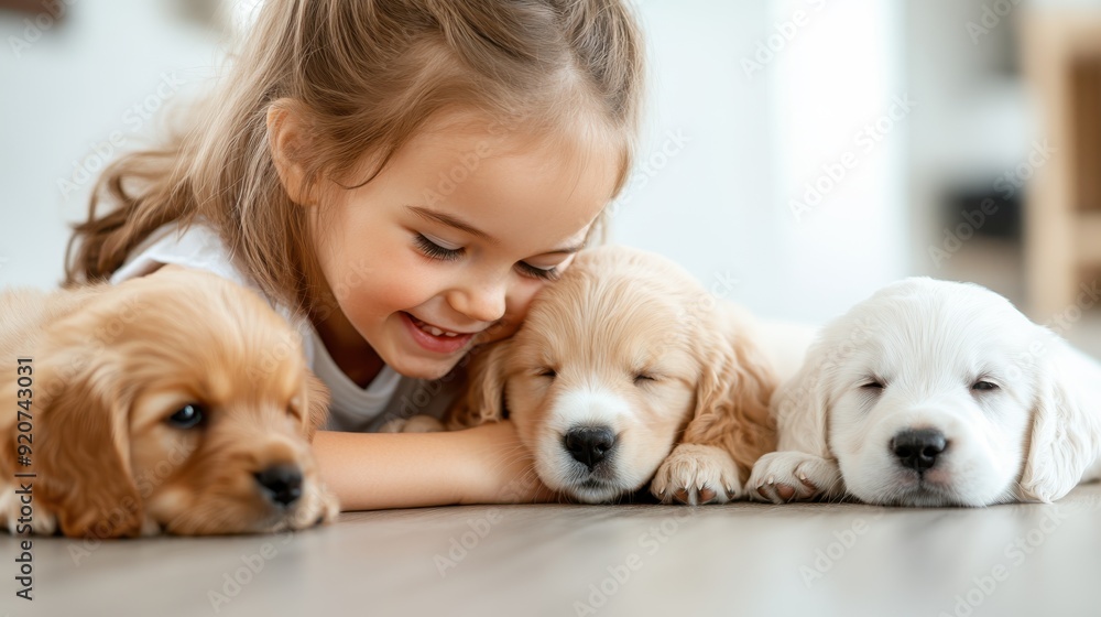 A young girl lies on the floor, playing and bonding with three adorable puppies, capturing a tender and heartwarming moment of innocence, joy, and love for animals. A young girl lies on the floor, playing and bonding with three adorable puppies, capturing a tender and heartwarming moment of innocence, joy, and love for animals.