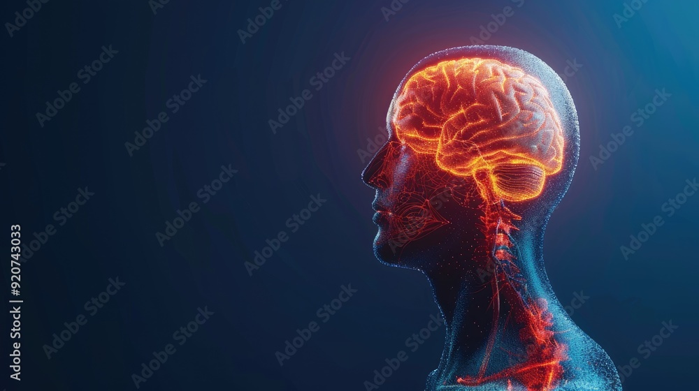 3D Render of Human Head with Glowing Brain and X-Ray Effects, Highlighting Neural Connections and Anatomical Details 3D Render of Human Head with Glowing Brain and X-Ray Effects, Highlighting Neural Connections and Anatomical Details