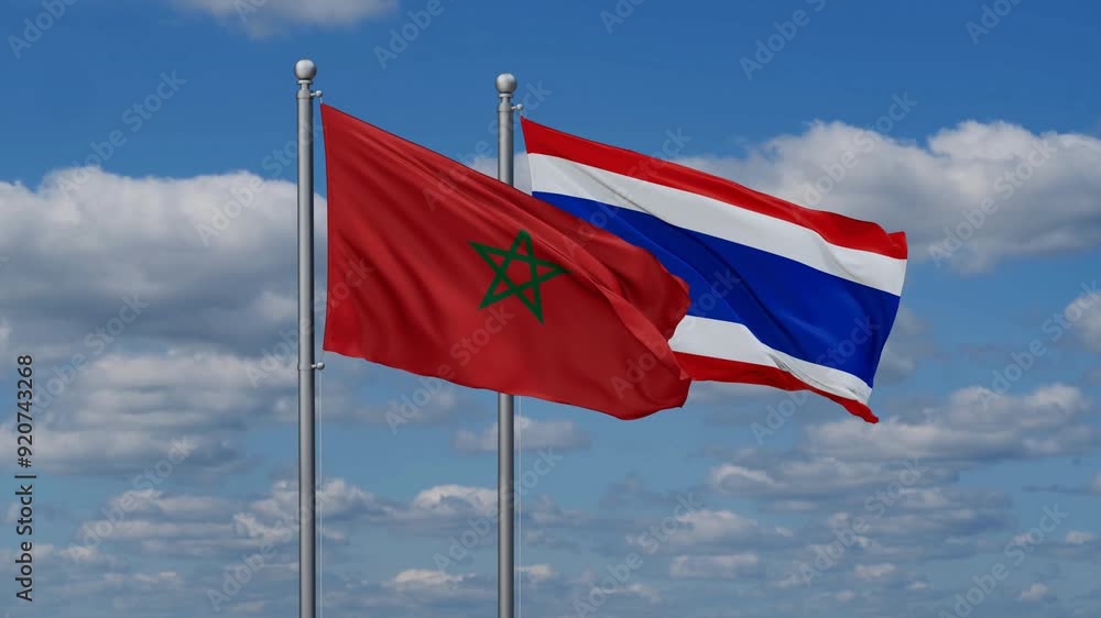 Kingdom of Thailand and Morocco flags flying together, video concept of the relationship, two country cooperation concept Kingdom of Thailand and Morocco flags flying together, video concept of the relationship, two country cooperation concept