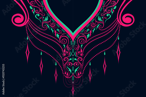 Elegant Neckline Design. A stylish and intricate neckline pattern in pink, teal, and green with delicate decorative elements, ideal for garment embellishments and textile design.