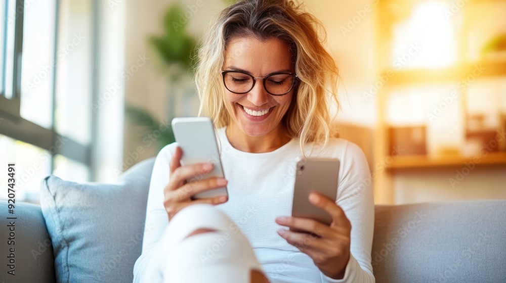 A happy blonde woman sits indoors with her leg in a cast, using two phones, exuding joyful connection and digital engagement within a well-lit, peaceful home setting. A happy blonde woman sits indoors with her leg in a cast, using two phones, exuding joyful connection and digital engagement within a well-lit, peaceful home setting.