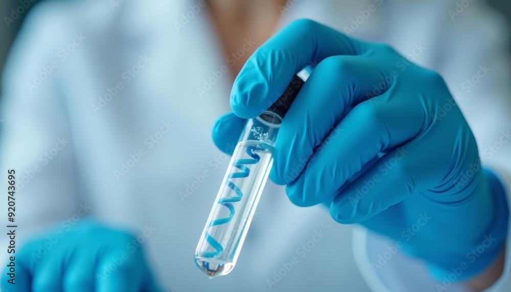 Precision in science Hand holding a test tube with a blue label Precision in science Hand holding a test tube with a blue label
