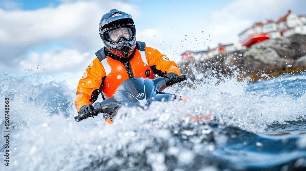 A person in an orange jacket rides a jetski across the water, demonstrating thrilling water sports and fun amidst waves and scenic coastal surroundings with a clear sky. A person in an orange jacket rides a jetski across the water, demonstrating thrilling water sports and fun amidst waves and scenic coastal surroundings with a clear sky.