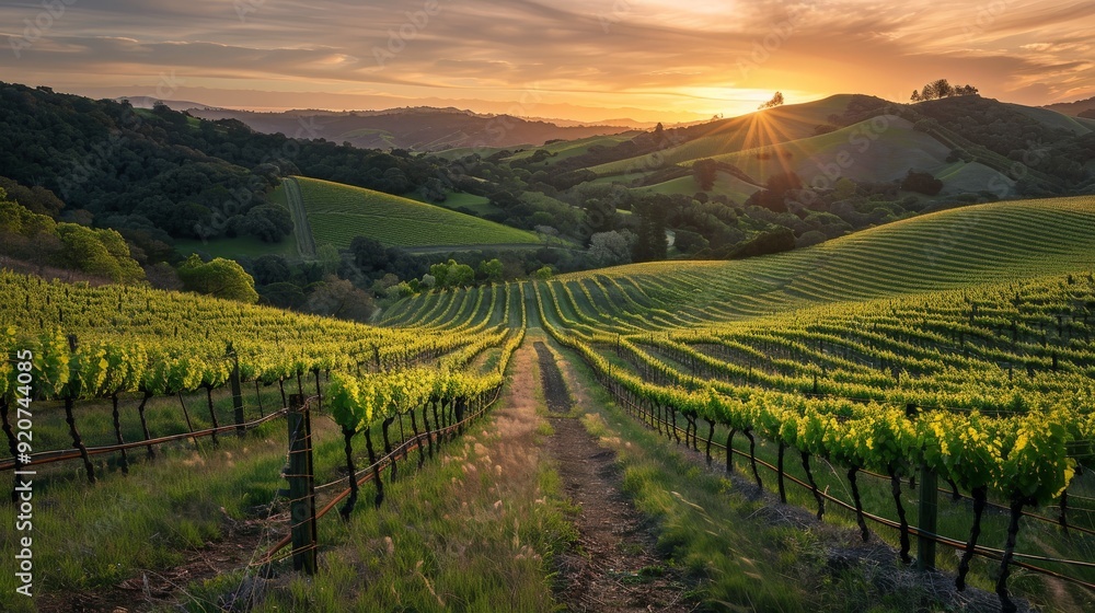 Fototapeta premium A stunning image captures the lush green vineyard rows stretching over rolling hills at sunset, with the sun casting a warm glow and creating a serene, peaceful atmosphere.