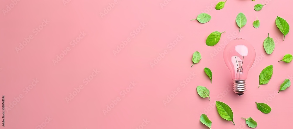A light bulb surrounded by green leaves on a pink background. Concept of eco friendly energy, sustainability, and growth. A light bulb surrounded by green leaves on a pink background. Concept of eco friendly energy, sustainability, and growth.