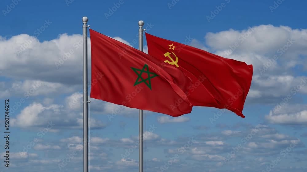 Soviet Union or USSR and Morocco flags flying together, video concept of the relationship, two country cooperation concept Soviet Union or USSR and Morocco flags flying together, video concept of the relationship, two country cooperation concept