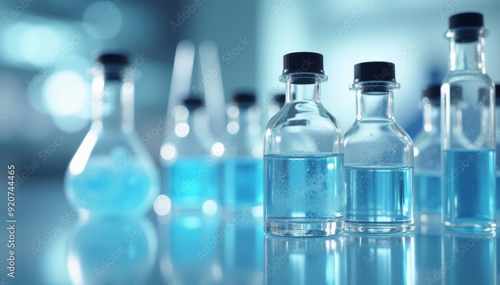 Vibrant blue liquids in glass bottles perfect for a clean modern aesthetic Vibrant blue liquids in glass bottles perfect for a clean modern aesthetic