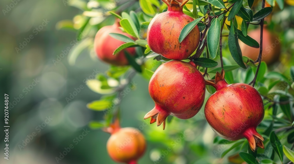 Fresh pomegranate fruit in plantation farm closeup view Fresh pomegranate fruit in plantation farm closeup view