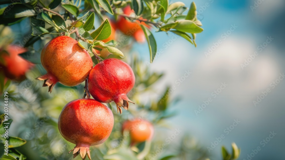 Obraz premium Fresh pomegranate fruit in plantation farm closeup view