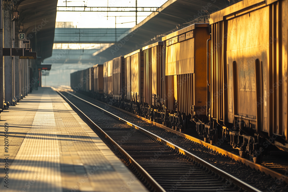 Obraz premium Train terminal with sunset view, Cargo train on railway.