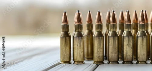 A close up of a row of bullets on a white wooden surface, with a blurred background. The bullets are arranged in a neat row, and their metallic surfaces gleam in the light.