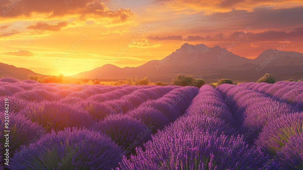 Tranquil Lavender Plantation at Sunset: A Majestic Countryside Scene Perfect for a Serene Poster in Home or Spa Decor, Showcasing Vibrant Colors and Soothing Nature Vibes Tranquil Lavender Plantation at Sunset: A Majestic Countryside Scene Perfect for a Serene Poster in Home or Spa Decor, Showcasing Vibrant Colors and Soothing Nature Vibes