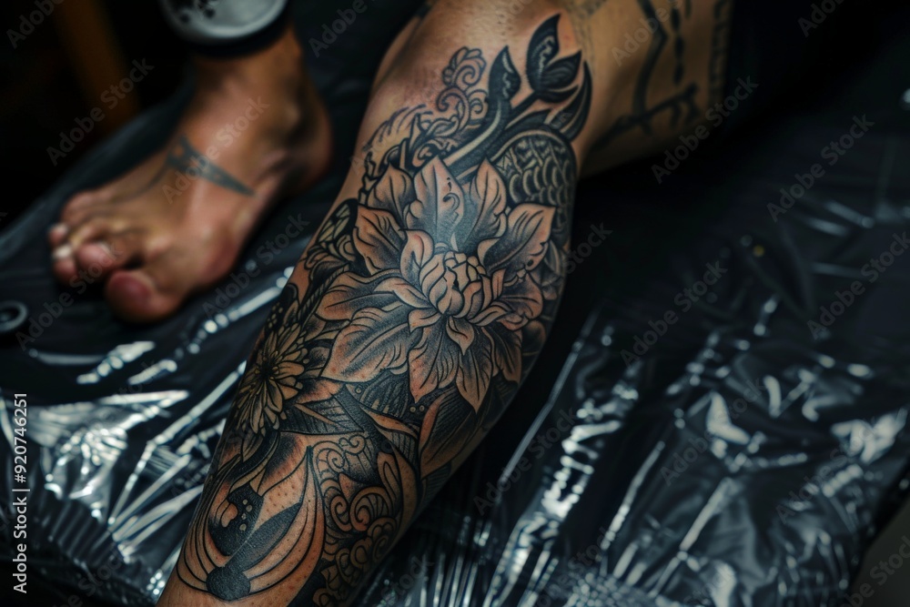 The image displays a leg adorned with a highly detailed and intricate floral tattoo, featuring large blossoms and ornamental designs in a black and gray color palette. The image displays a leg adorned with a highly detailed and intricate floral tattoo, featuring large blossoms and ornamental designs in a black and gray color palette.