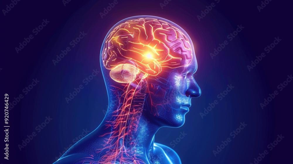Human Head with Glowing Brain in X-Ray Style, Showcasing Neural Activity and Spinal Structure, Medical Illustration Human Head with Glowing Brain in X-Ray Style, Showcasing Neural Activity and Spinal Structure, Medical Illustration