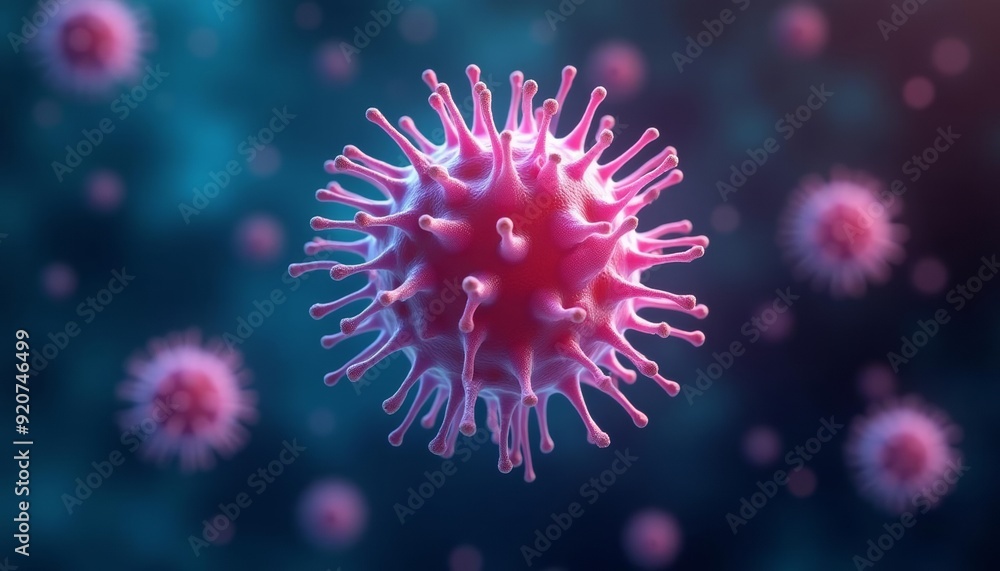 Viral particles in a microscopic view illustrating the spread of a pathogen Viral particles in a microscopic view illustrating the spread of a pathogen