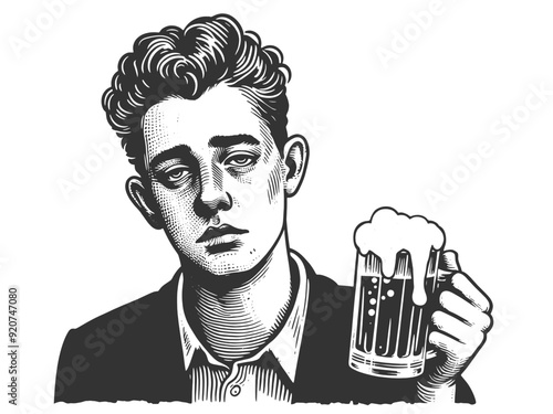 Alcoholic tired or melancholic man holding a frothy beer mug, sense of weariness sketch engraving generative ai fictional character vector illustration. Scratch board imitation. Black and white image.