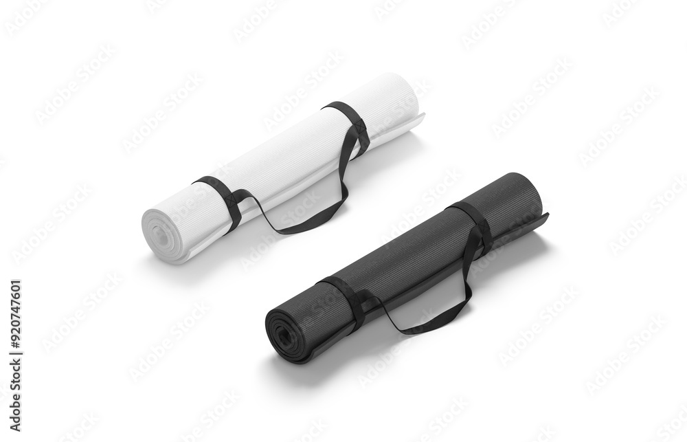 Blank black and white rolled yoga mat handle strap mockup Blank black and white rolled yoga mat handle strap mockup