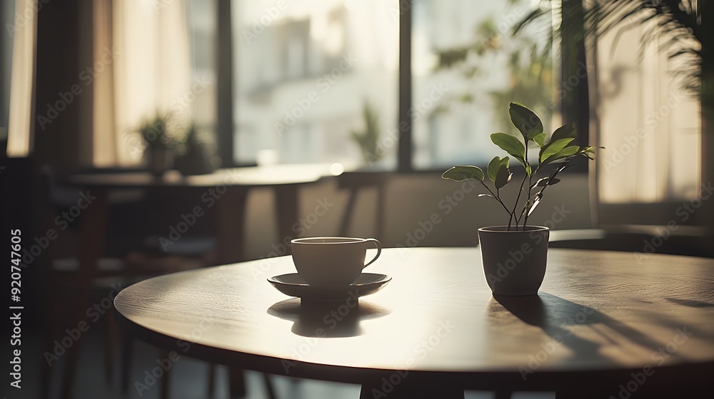 Cozy Home Atmosphere with Cup of Beverage and Potted Plant on Wooden Table by Window Cozy Home Atmosphere with Cup of Beverage and Potted Plant on Wooden Table by Window
