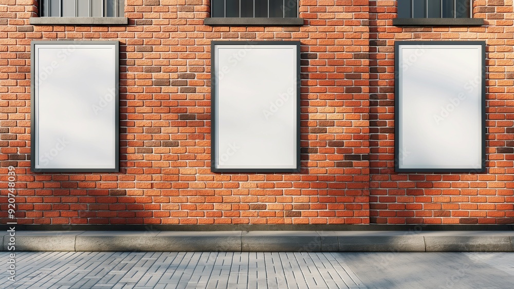 Three mockups of advertising posters against the backdrop of a brick wall in the city center Three mockups of advertising posters against the backdrop of a brick wall in the city center