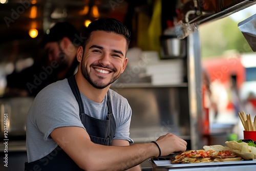 smiling male food truck salesman