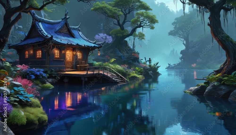Mystical Asian House by the River. Mystical Asian House by the River.