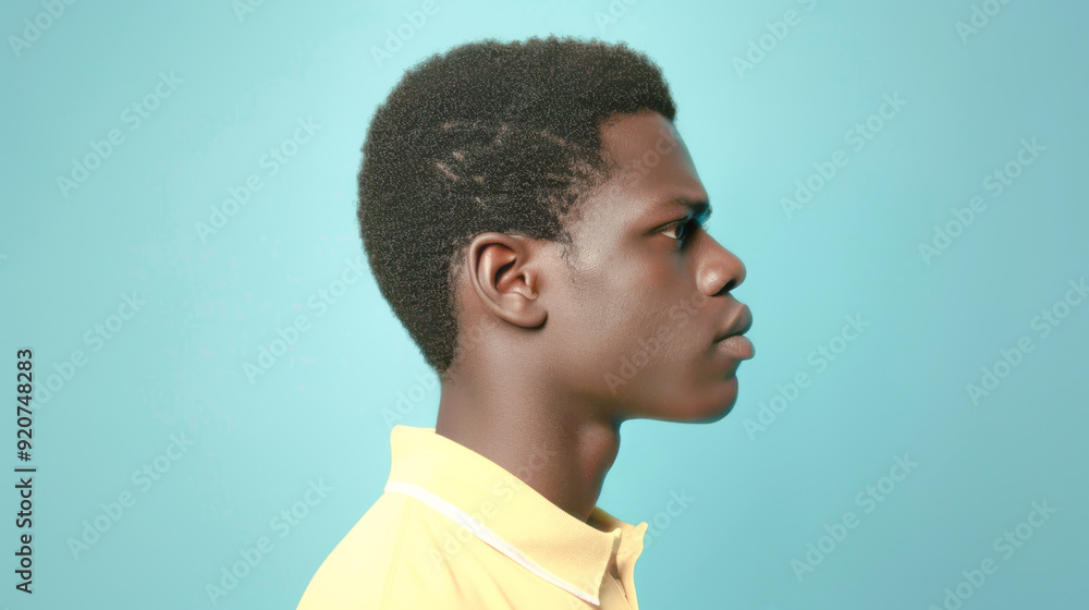 Obraz premium Portrait of a guy in profile on a blue background 