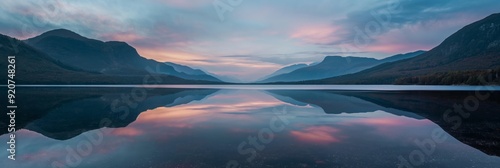 A serene lake at dusk, perfectly still water reflecting the gradients of a beautiful sunset with mountains in the background.