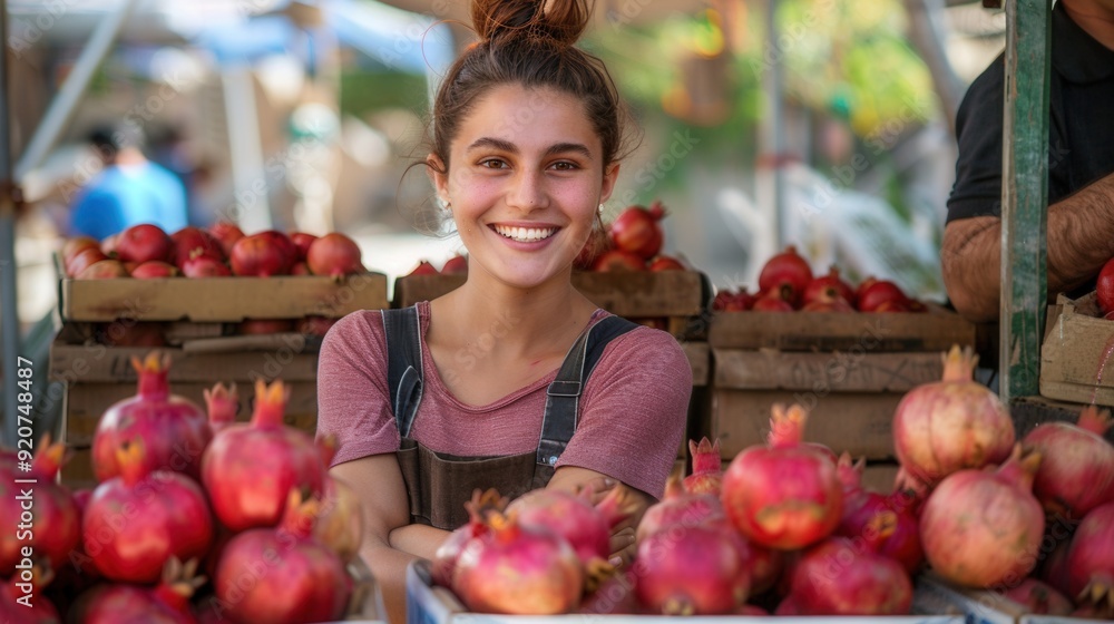Fototapeta premium A smiling female farmer with fresh pomegranate fruit in store