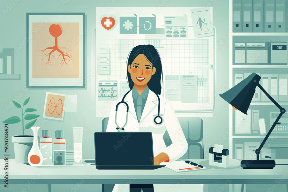 Illustration of a doctor using a computer to consult a patient's medical history. Concept of medicine, health, and use of technology. Illustration of a doctor using a computer to consult a patient's medical history. Concept of medicine, health, and use of technology.