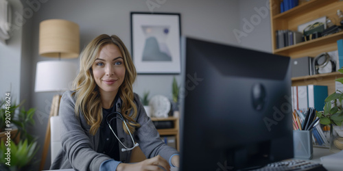 A private medical doctor working on her computer in her office. Concept of private healthcare, medical professional, and personalized care.