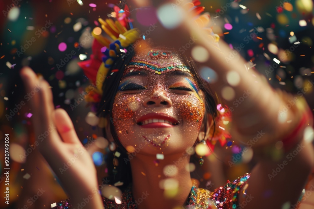 Vivid scene at a carnival with confetti, glittery golden decorations and smiling participants in a lively celebration. Vivid scene at a carnival with confetti, glittery golden decorations and smiling participants in a lively celebration.