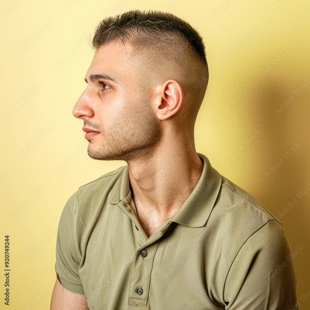 Fototapeta premium Portrait of a man in profile on a yellow background 