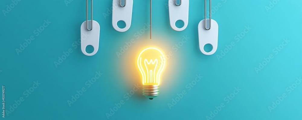 Creative concept with glowing light bulb and paper clips on blue background Creative concept with glowing light bulb and paper clips on blue background