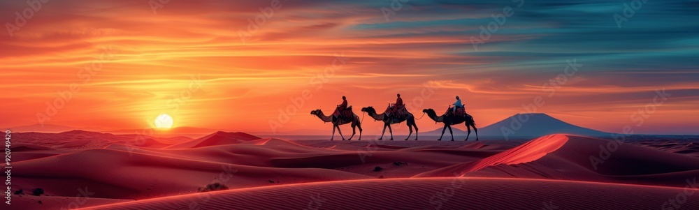 People riding camels across a desert at sunset, Banner, Copy space, Travel concept, Animal background People riding camels across a desert at sunset, Banner, Copy space, Travel concept, Animal background