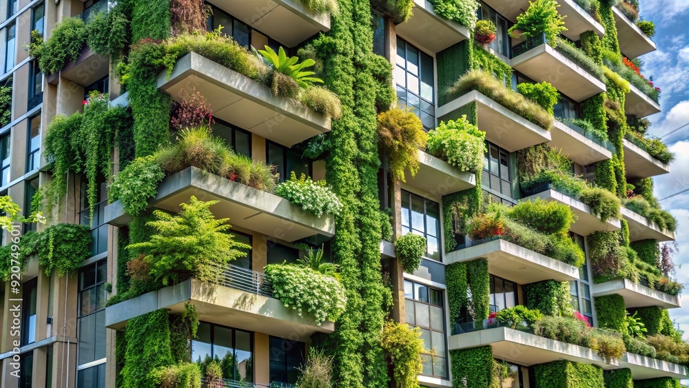 Vertical garden with lush green plants hanging on a high-rise apartment balcony, urban, balcony Vertical garden with lush green plants hanging on a high-rise apartment balcony, urban, balcony