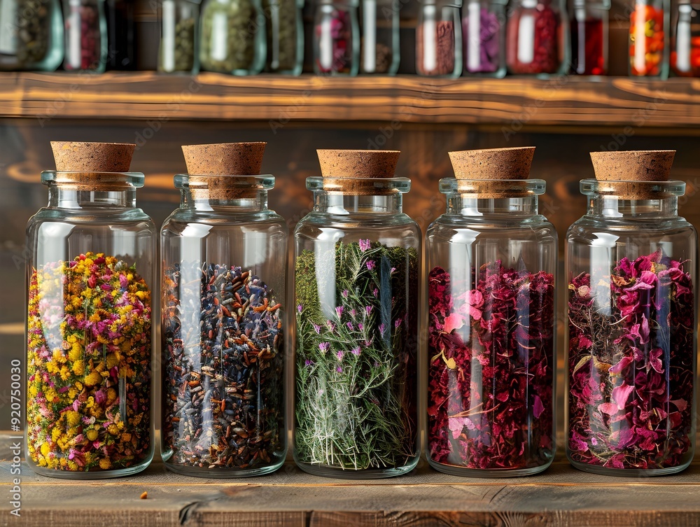 Glass jars filled with colorful herbs and dried flowers on a wooden shelf in a cozy herbal shop Glass jars filled with colorful herbs and dried flowers on a wooden shelf in a cozy herbal shop
