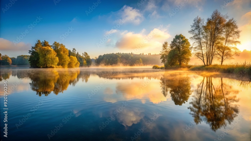 Tranquil lake reflecting the morning light with mist rising off the water, serene, peaceful, nature, morning, sunrise, reflection Tranquil lake reflecting the morning light with mist rising off the water, serene, peaceful, nature, morning, sunrise, reflection