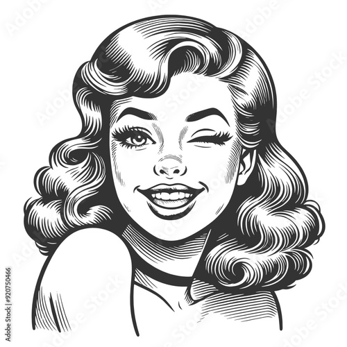 pin-up woman winking with a playful smile, capturing a fun and flirty vibe sketch engraving generative ai fictional character vector illustration. Scratch board imitation. Black and white image.