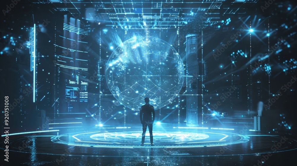 A person stands in a futuristic, holographic digital environment with glowing blue light and virtual data projections. A person stands in a futuristic, holographic digital environment with glowing blue light and virtual data projections.