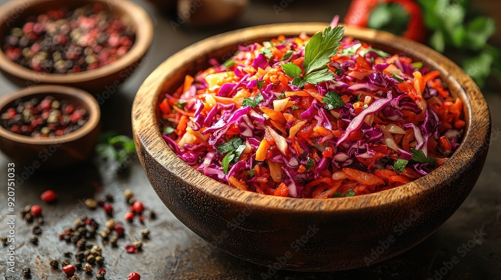 Crunchy shredded cabbage mixed with fresh greens for an appealing dish with a copy space image. Crunchy shredded cabbage mixed with fresh greens for an appealing dish with a copy space image.